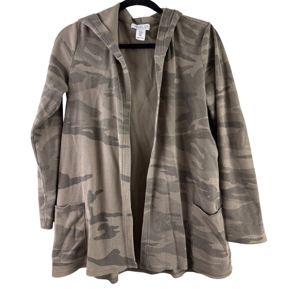 Rachel Zoe Womens Camo Print Ribbed Hooded‎ Open Cardigan Sweater Medium